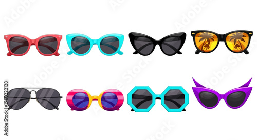 Retro sunglasses collection, set of 8 colorful summer eyewear vectors, vintage cat eye and aviator sun glasses, stylish fashion accessories for beach