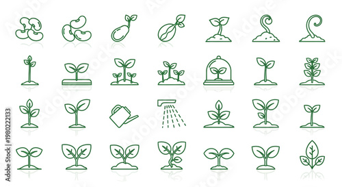 Green sprout line icons set, 28 plant growth and seedling vector symbols, organic farming and gardening icons for agriculture branding
