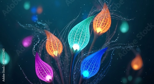 Abstract floral lights glowing in vibrant neon colors against a dark moody atmospheric surrounding fantasy space