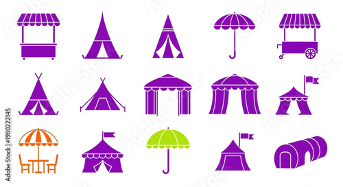Purple tent icons set, 15 outdoor shelter and camping vector elements, circus marquee and festival canopy silhouettes, market stall and umbrella graphics