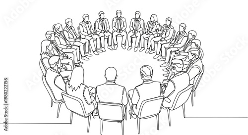 Continuous line drawing of people in a business meeting circle, group of professionals sitting in chairs, minimalist team collaboration vector