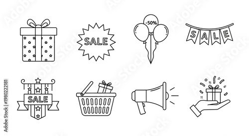 Minimalist shopping sale icons set, 8 black line vector elements for retail promotion, gift box and discount badges, marketing megaphone and basket