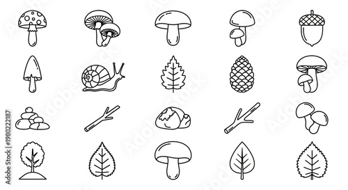 A collection of simple line art icons depicting forest and nature elements including mushrooms, acorns, leaves, and sticks