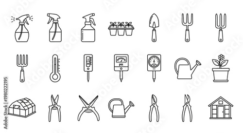 Minimalist gardening tool icons, set of 21 outline vector elements for horticulture, professional garden equipment and greenhouse supplies