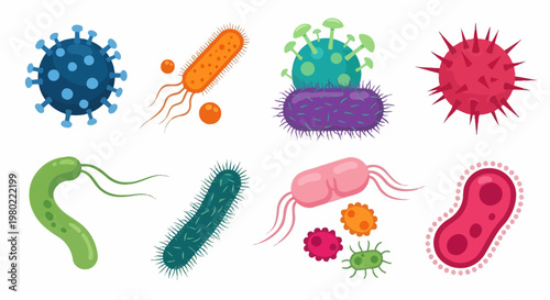 Microscopic bacteria and virus icons set, colorful germ and pathogen vector illustrations, medical microbiology science elements for education