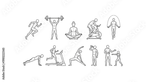 Comprehensive collection of line art illustrations depicting diverse fitness exercises and workout routines for active living
