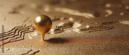 A golden map pin marking a precise location on a luxurious 3D rendered abstract golden topographic map, symbolizing success.