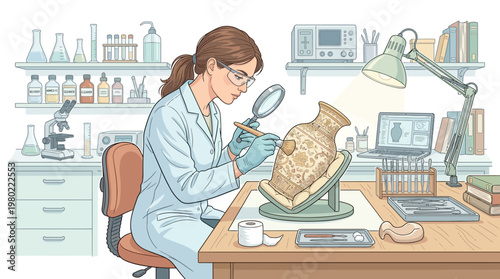 Woman examining artifact with magnifying glass.