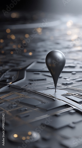 A futuristic 3D rendered digital map with a sleek location pin indicating a precise destination in an urban network.