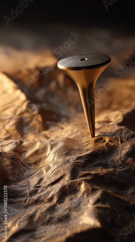 A metallic peg is dramatically embedded in a textured golden surface, captured in a minimalist studio shot with warm lighting.