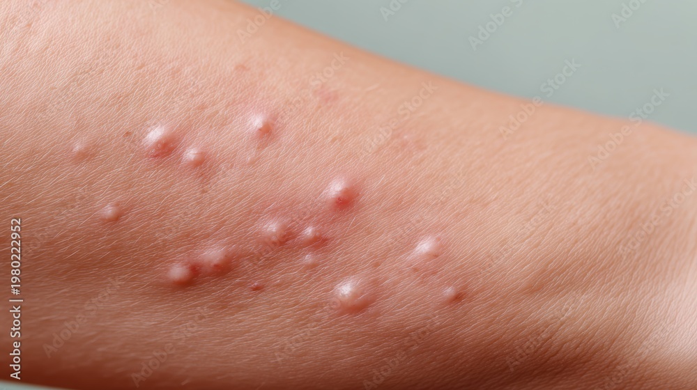 Fototapeta premium Close up macro texture of acne pimples on female arm skin
