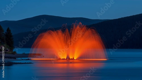 Stunning long exposure photograph of a vibrant fire spinning display over a tranquil lake at twilight creating an ethereal and captivating visual spectacle