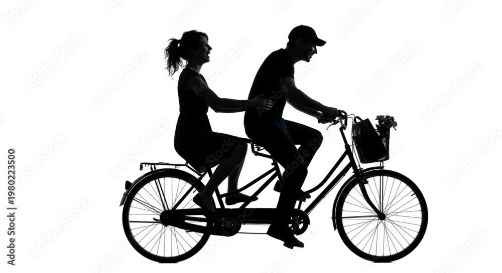 Fototapeta premium Silhouette of Romantic Couple Riding Tandem Bicycle Isolated on White Background