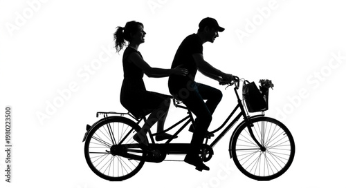 Silhouette of Romantic Couple Riding Tandem Bicycle Isolated on White Background