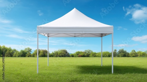 Blank white pop up tent positioned in a green grassy field under blue sky