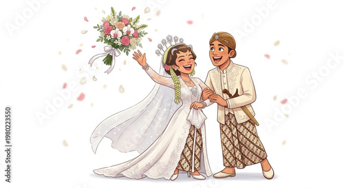 Indonesian Javanese Wedding Couple Illustration in Traditional Dress