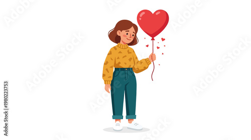 Woman holding heart shaped red balloon.