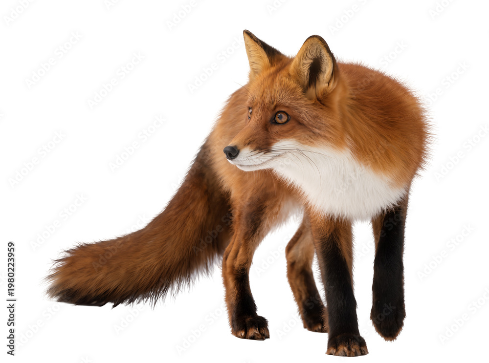 Fototapeta premium Isolated magnificent red fox, beautiful wild animal with stunning fur, standing and looking aside