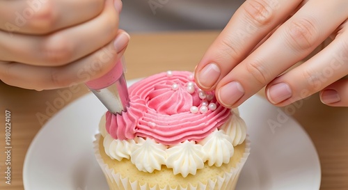 Hands decorating a delicious cupcake with pink frosting and sugar pearls