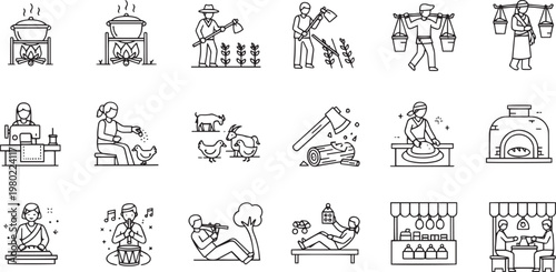 Village Life and Traditional Rural Activities Icon Set Featuring Farming Cooking Sewing Woodcutting and Folk Music in Minimalist Line Art Style