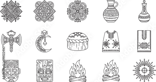 Ethnic Folklore and Pagan Culture Icon Set Featuring Tribal Masks Geometric Ornaments Ritual Fire Axes and Traditional Pottery in Line Art Style