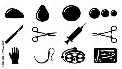 Breast Implant Surgery Silhouette Set, Plastic Surgery Medical Icons, Cosmetic Procedure Equipment Vector