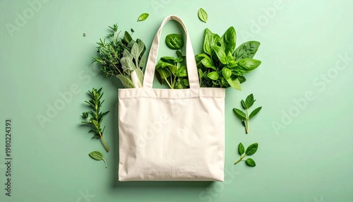 Reusable Shopping Bag Filled With Fresh Green Herbs and Spinach.