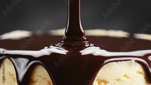 Rich Dark Chocolate Sauce Pouring Over Creamy Cheesecake