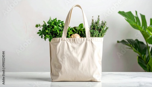 Eco-friendly canvas tote bag filled with fresh organic produce and herbs on a light background.