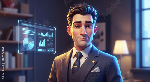 CEO of a tech startup in an ultra-realistic cartoon style, elegant futuristic suit, holographic control panel floating beside him, cinematic lighting.