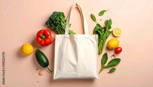 Eco-friendly bag with fresh organic produce groceries healthy food shopping.