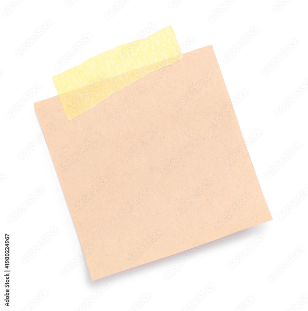 Fototapeta premium Blank paper note with adhesive tape isolated on white, top view