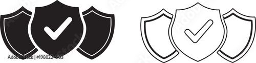 Shield icons with checkmarks in black and white for security and protection concepts