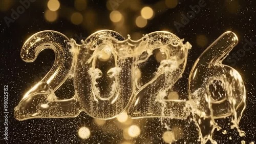 Golden 2026 New Year Celebration Splash Champagne Bubbles Bokeh Background