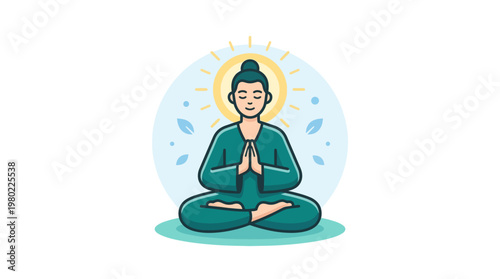 Woman in green meditates peacefully inward.