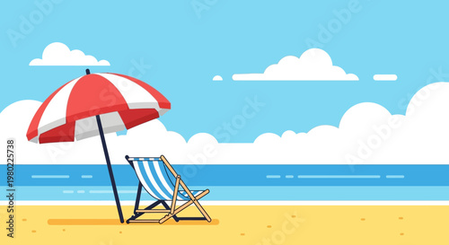 A red and white striped beach umbrella standing next to a blue and white striped lounge chair.