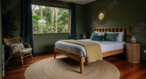Cozy Bedroom with Wooden Bed and Green Walls natural light large window
