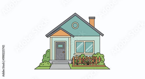 A charming cartoon illustration of a small suburban cottage house.