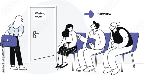 job interview waiting room with candidates seated and recruiter calling next applicant for hiring process concept