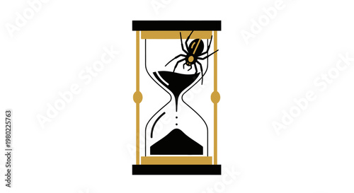 A vintage hourglass with a spider on top and black sand.