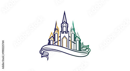 Abstract Colorful Castle Illustration with Decorative Ribbon Banner.