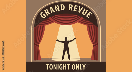 A solo performer standing on a theater stage under a bright spotlight.