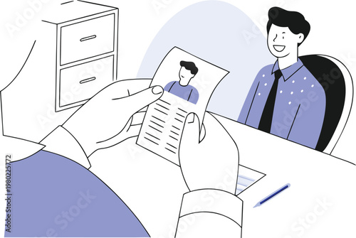 resume evaluation job interview process with recruiter reviewing candidate profile at desk for hiring decision concept