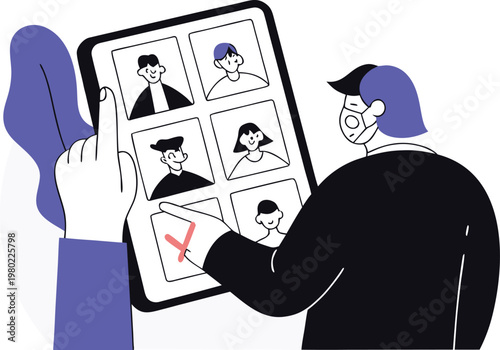 digital candidate selection on tablet screen with profiles and rejection mark for recruitment filtering process concept
