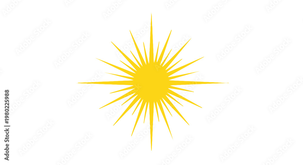 Fototapeta premium Minimalist yellow sun icon with radiating sharp rays.