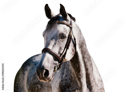 Photography Isolated close up portrait of a beautiful dapple grey horse wearing a traditiona