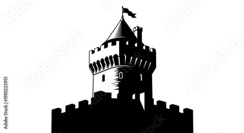 Minimalist black and white illustration of a medieval castle tower with a flag.