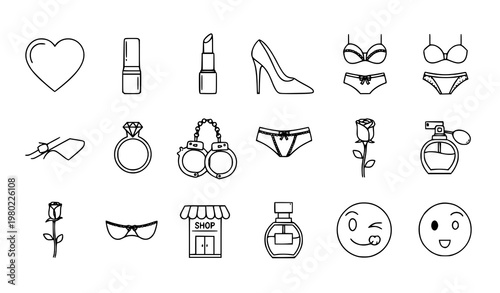 A collection of black and white line art icons representing love, beauty, and relationships