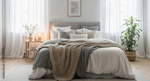 Cozy Bedroom with Gray and Beige Bedding and Natural Light neutral