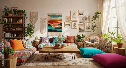 Cozy bohemian living room with colorful pillows and plants indoor plants